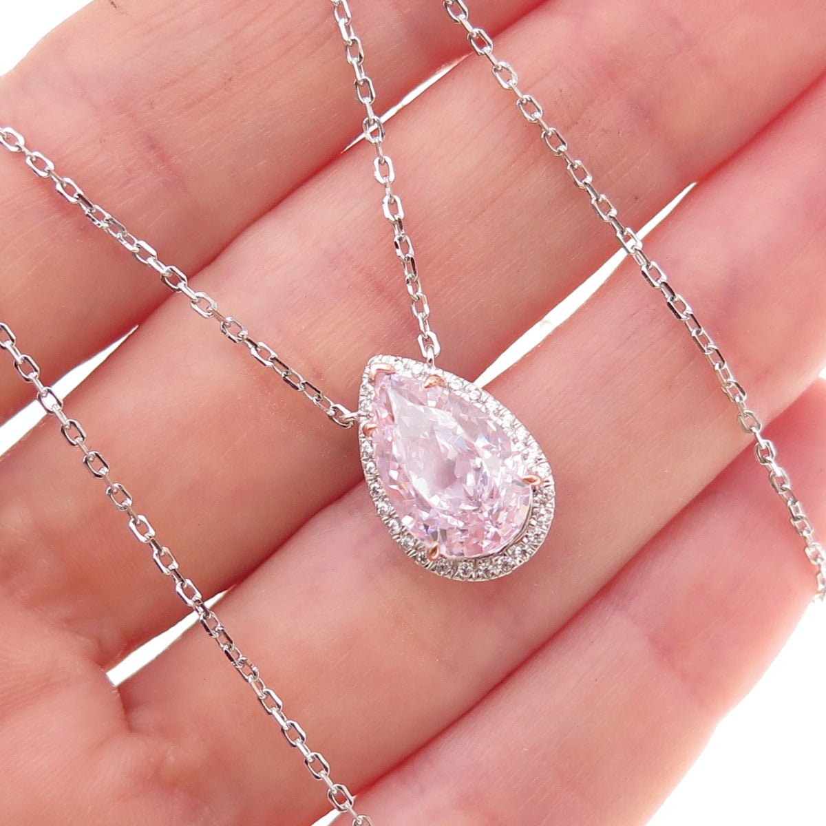 925 Sterling Silver 2-Tone Pink & White C Z Teardrop Cable Chain Necklace 16-18"