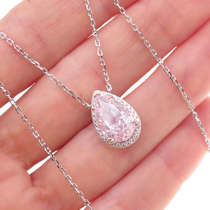 925 Sterling Silver 2-Tone Pink & White C Z Teardrop Cable Chain Necklace 16-18"