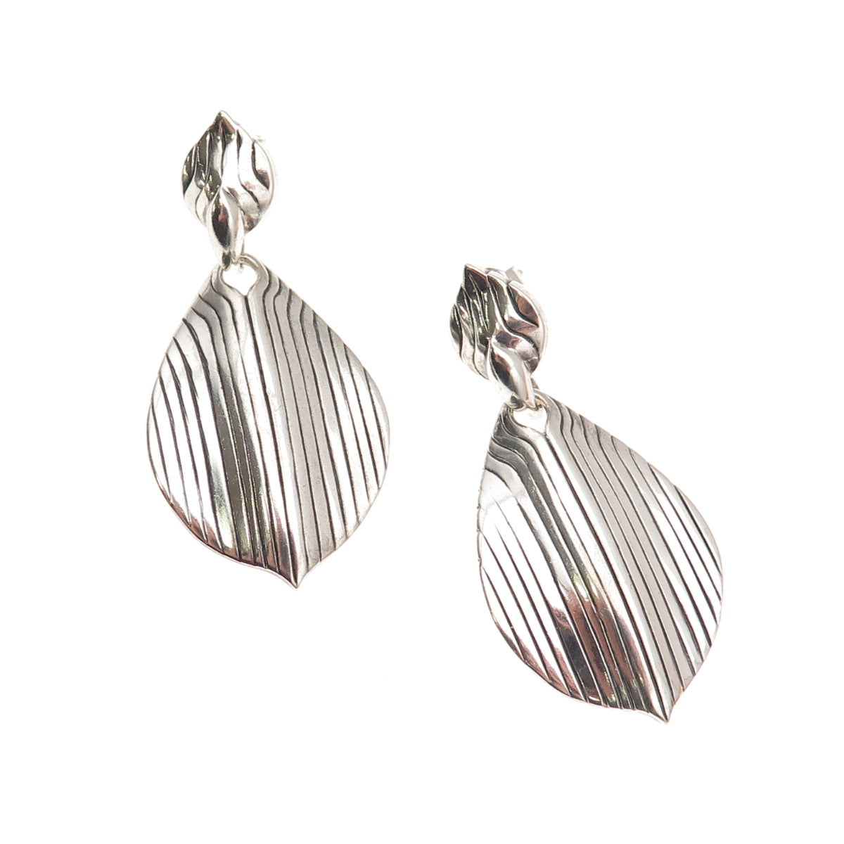 Elizabeth Rand Sterling Silver Vintage Modernist Petal Oxidized Dangle Earrings