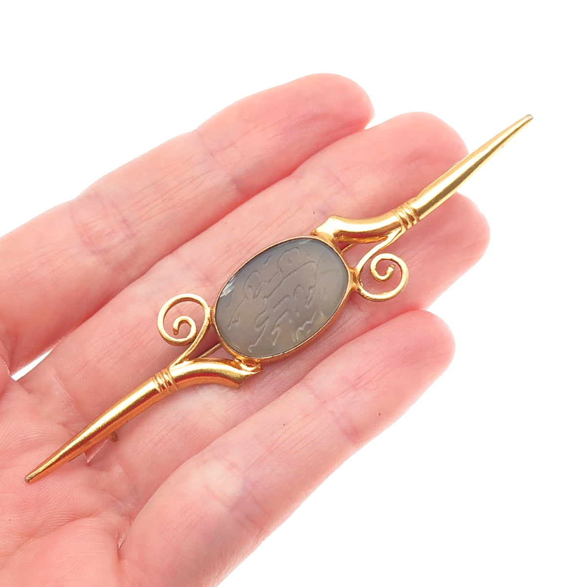 925 Sterling Silver Gold Plated Vintage Real Gray Agate Arabic Script Pin Brooch