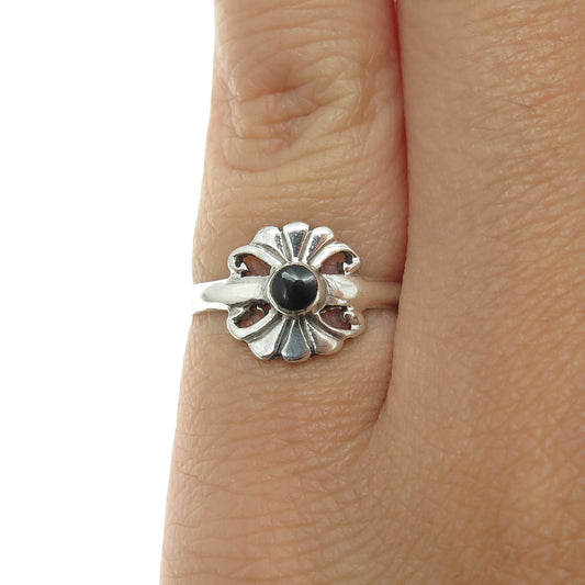 925 Sterling Silver Vintage Real Black Onyx Floral Ring Size 5.25