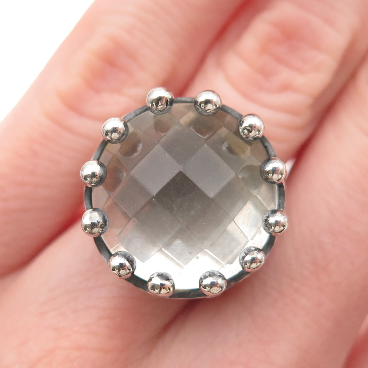 925 Sterling Silver Vintage Clear Crystal Modernist Crown Ring Size 5.25