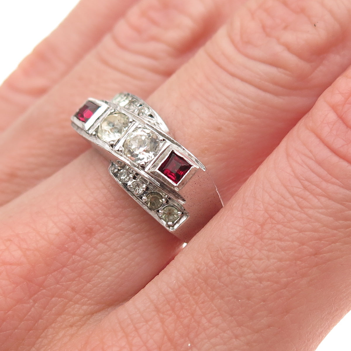 800 Silver Antique Art Deco France White & Red Rhinestone Ring Size 6.25