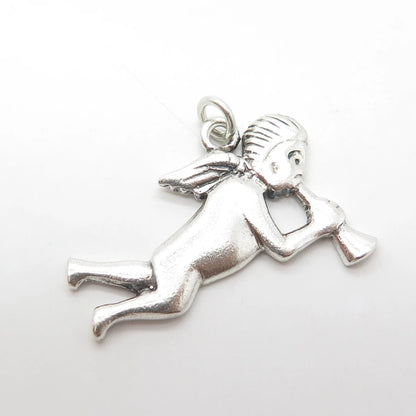 925 Sterling Silver Vintage Cherub & Horn Repousse Pendant