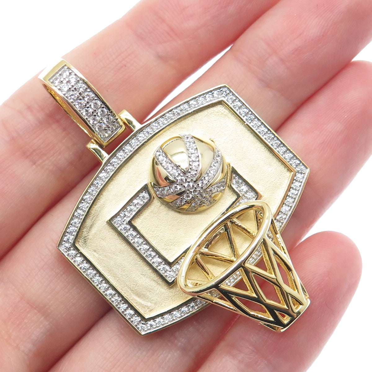 925 Sterling Silver Gold Plated Round-Cut C Z Basketball Hoop Pendant