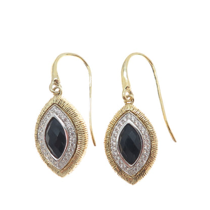 FADI 925 Sterling Silver Gold Plated Real Black Onyx & C Z Dangle Earrings