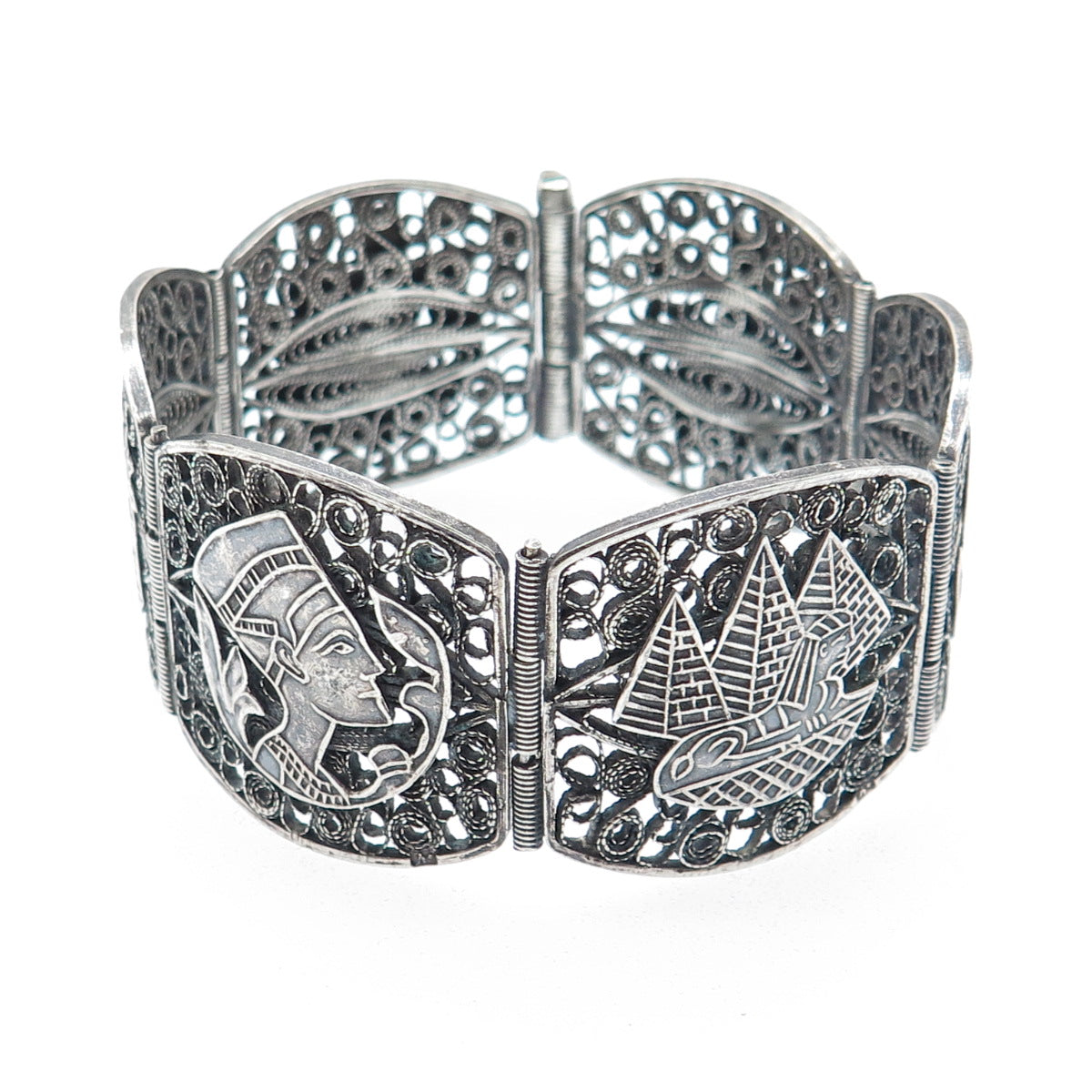 800 Silver Antique Egyptian Storyteller Filigree Oxidized Panel Link Bracelet 7"
