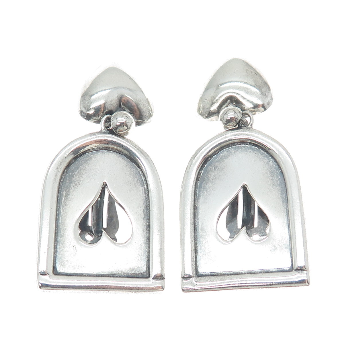925 Sterling Vintage Mexico Modernist Heart Oxidized Clip On Dangle Earrings