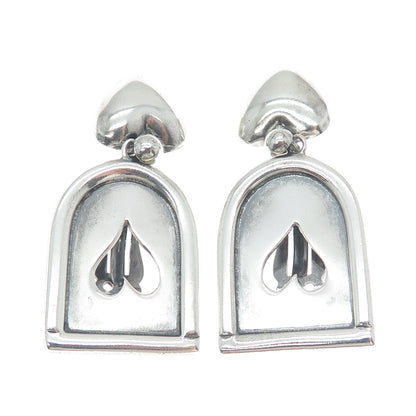 925 Sterling Vintage Mexico Modernist Heart Oxidized Clip On Dangle Earrings