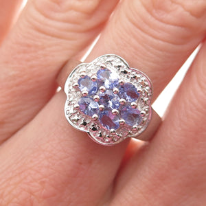 925 Sterling Silver Real Oval-Cut Tanzanite Floral Ring Size 7