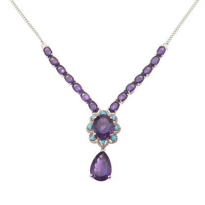 D'Joy 925 Sterling Silver Real Amethyst & Turquoise Cuban Chain Necklace 18-20"