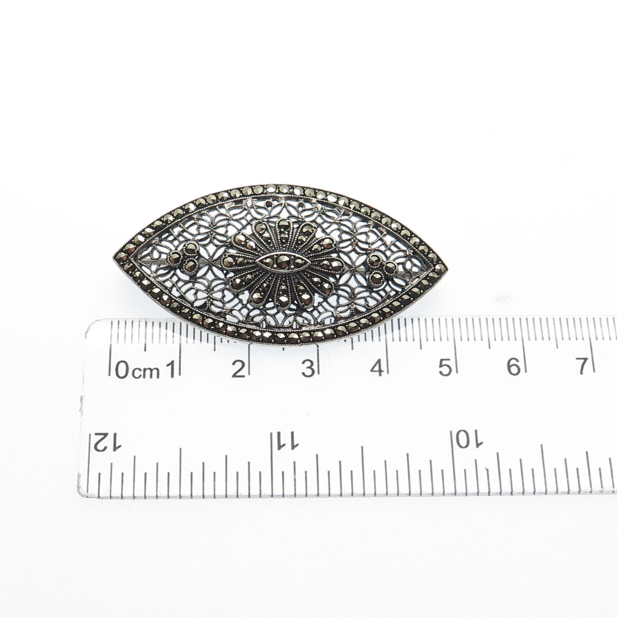 925 Sterling Silver Antique Art Deco Real Marcasite Filigree Oxidized Pin Brooch
