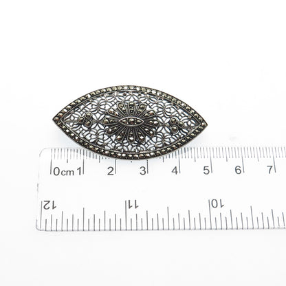 925 Sterling Silver Antique Art Deco Real Marcasite Filigree Oxidized Pin Brooch