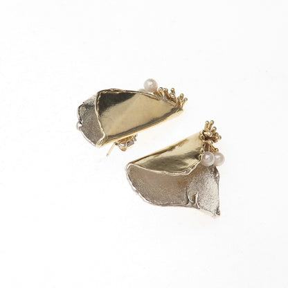 Joseph Masaniello Sterling Silver 2-Tone Vintage Real Pearl Modernist Earrings