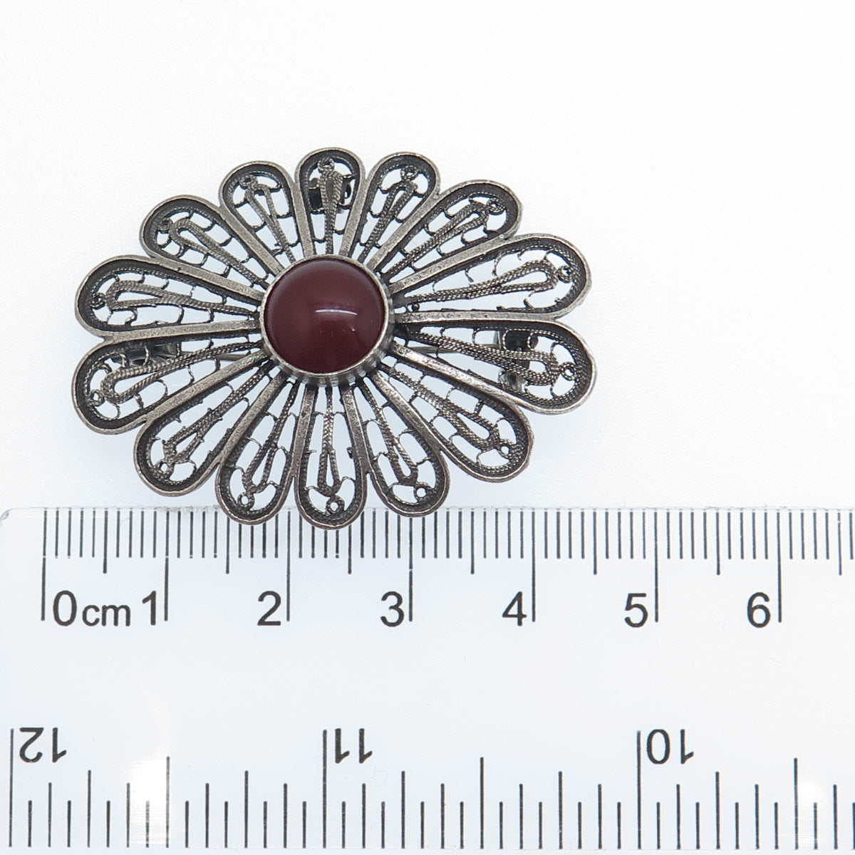 925 Sterling Vintage Israel Real Carnelian Filigree Flower Oxidized Pin Brooch