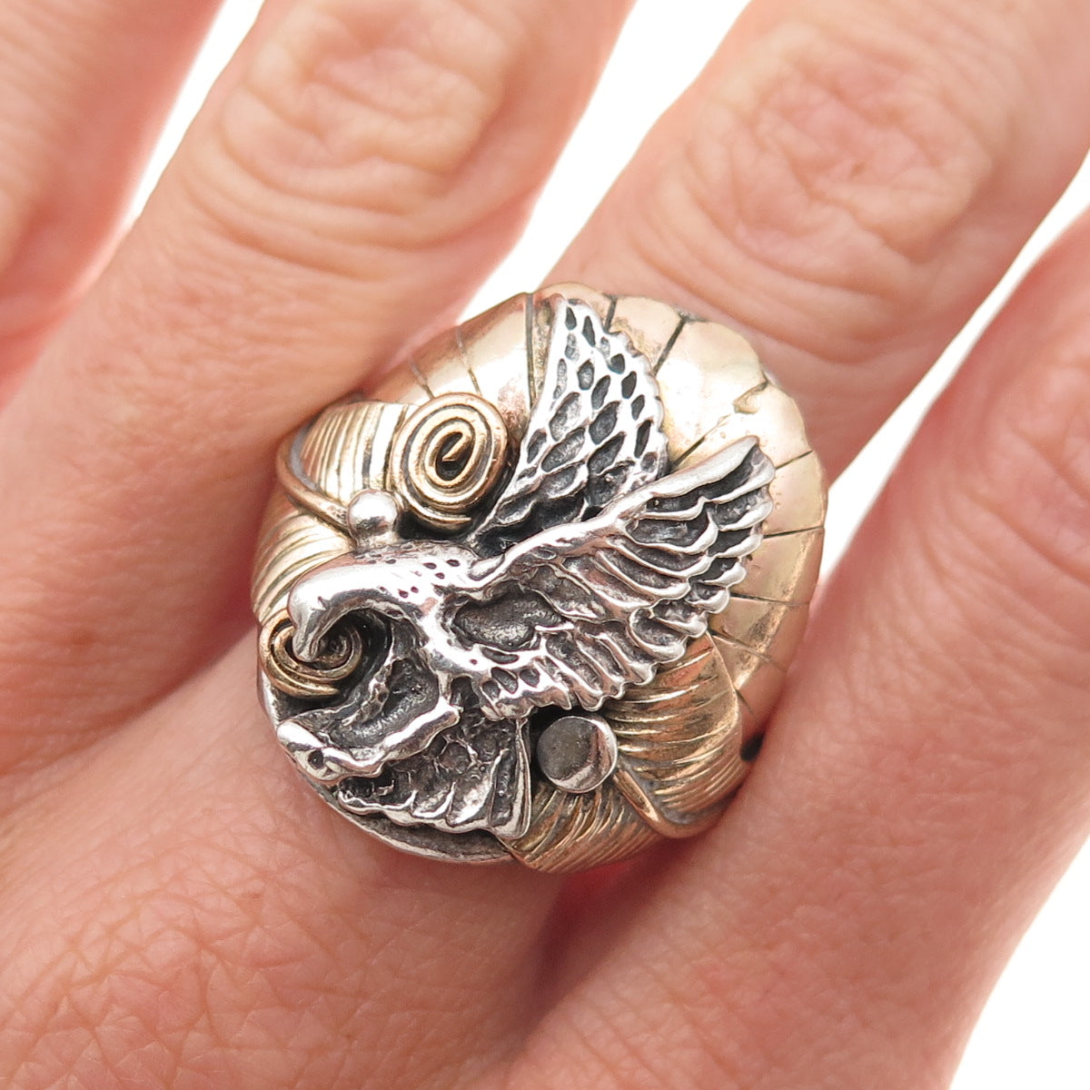 Old Pawn 925 Sterling Silver 2-Tone Vintage Southwestern Eagle Ring Size 11