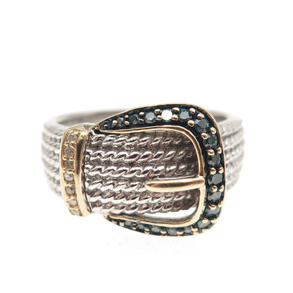 Alwand Vahan Sterling 14K Gold Real Blue & White Diamond Buckle Ring Size 6.75