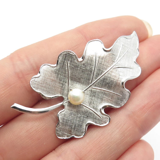 925 Sterling Silver Antique Carl Art Real Pearl Textured Leaf Pin Brooch