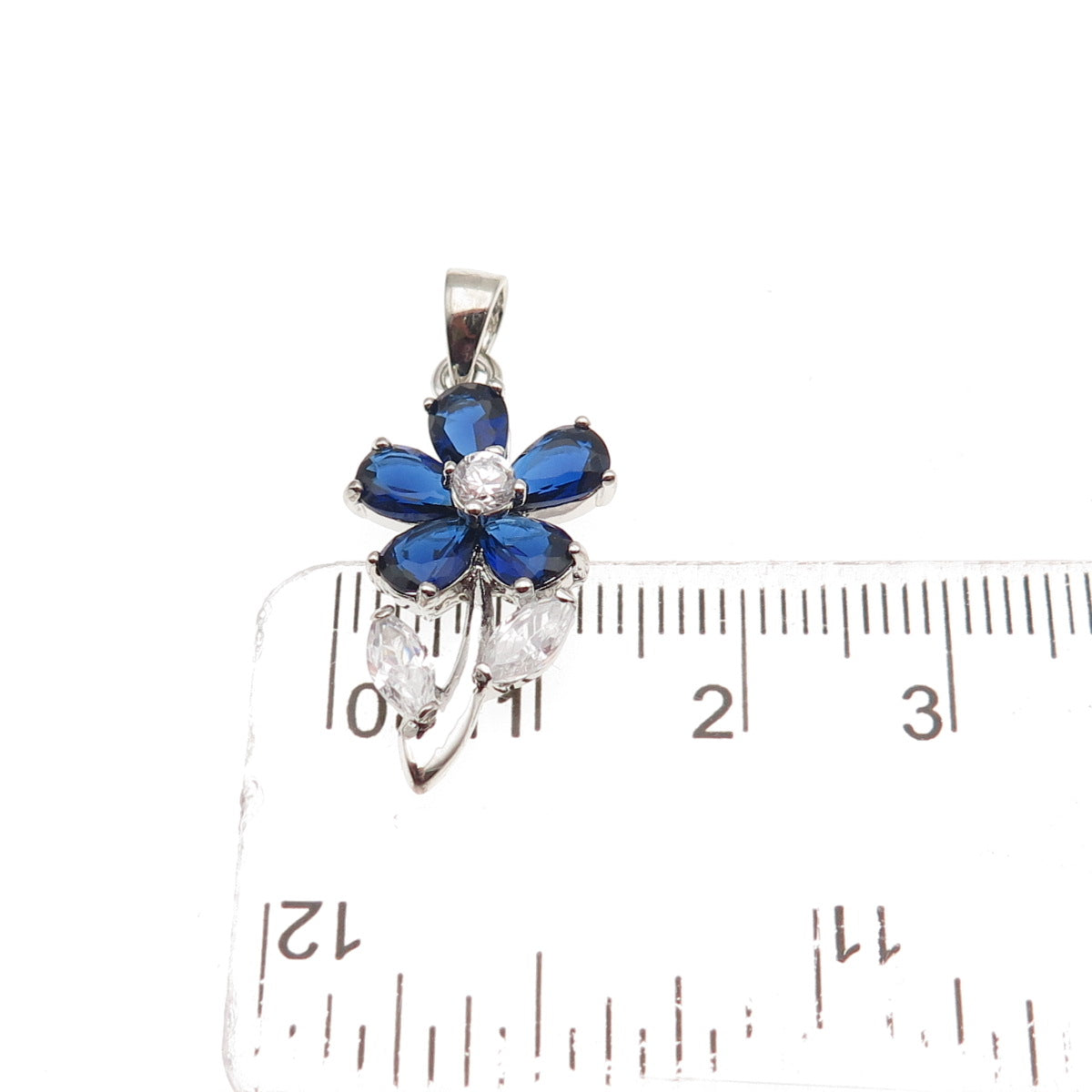925 Sterling Silver Lab-Created Sapphire & C Z Flower Charm Pendant