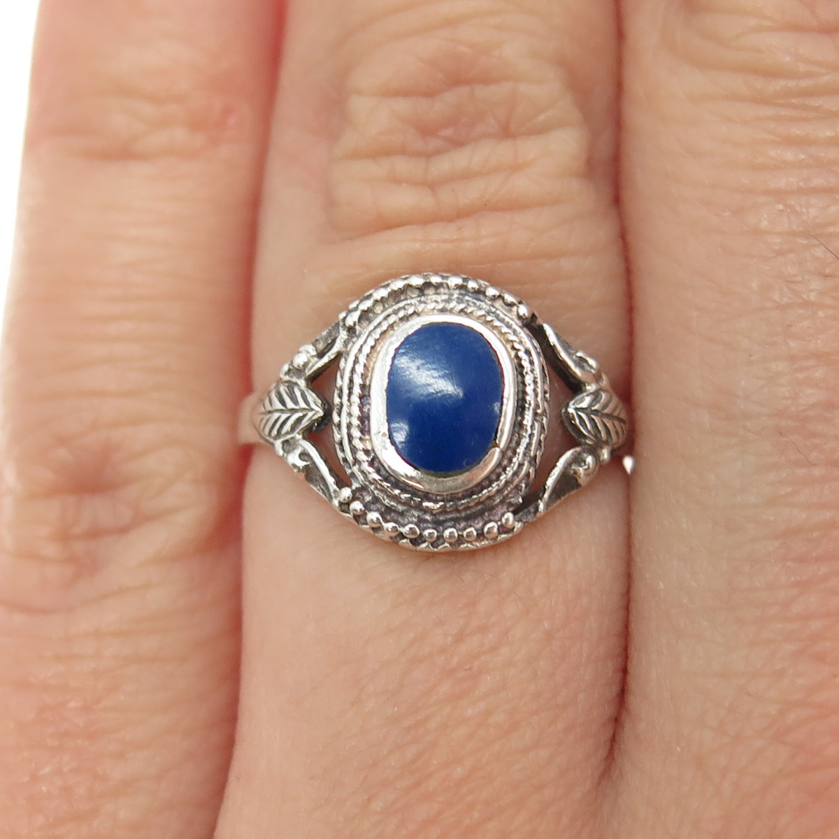 925 Sterling Silver Vintage Real Lapis Lazuli Gemstone Leaf Ring Size 6