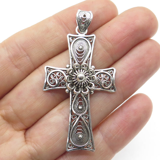 925 Sterling Silver Vintage Filigree Cross Cannetille Pendant