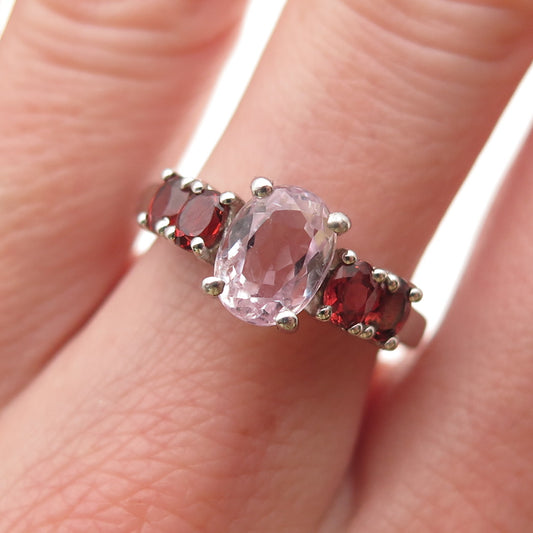 925 Sterling Silver Real Oval-Cut Kunzite & Red Garnet Ring Size 7.25