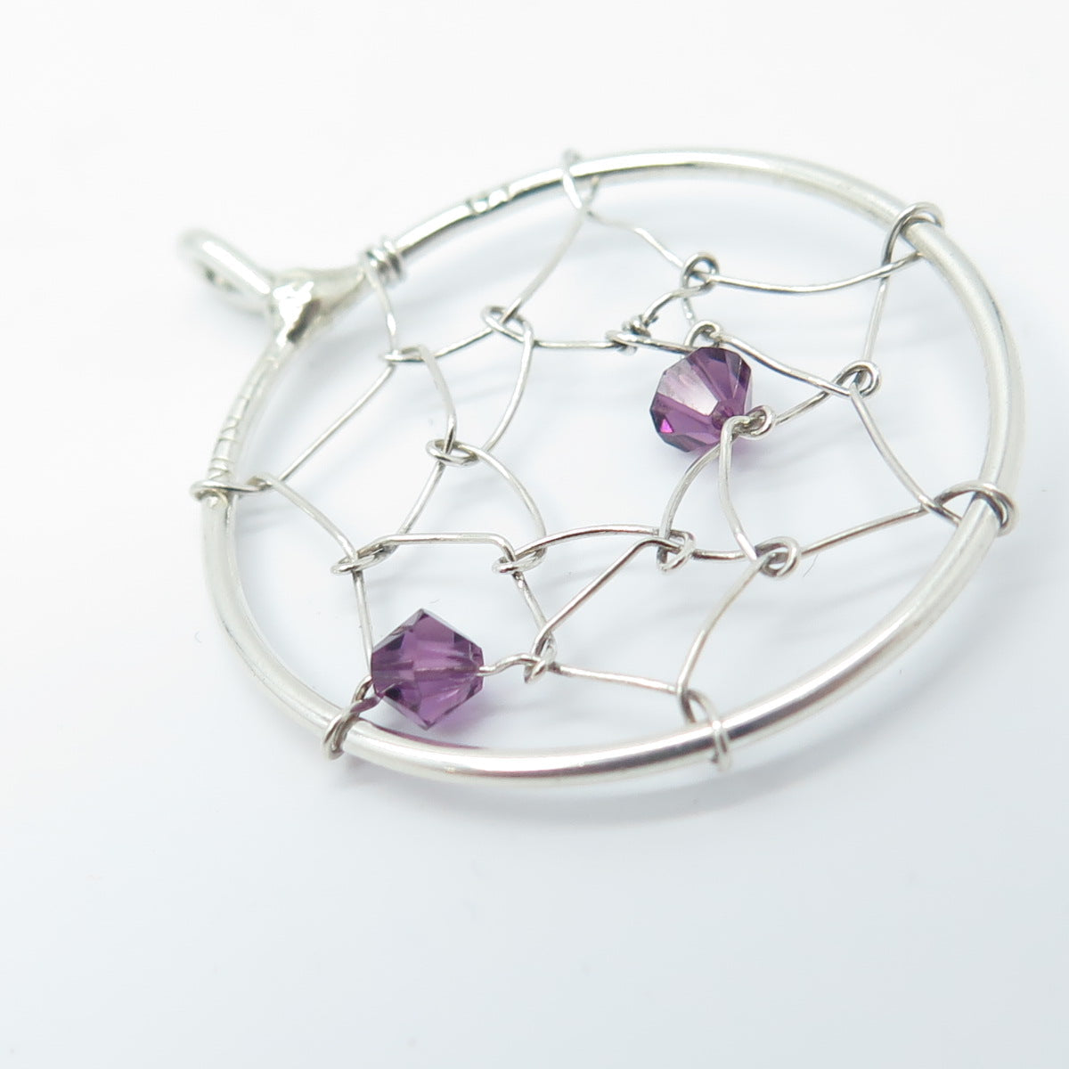 925 Sterling Silver Vintage Real Amethyst Gemstone Spiderweb Pendant