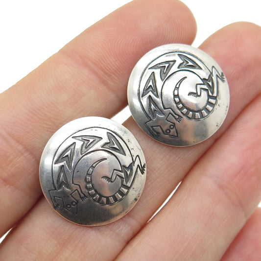 Old Pawn 925 Sterling Silver Vintage Southwestern Lizard Tribal Round Earrings