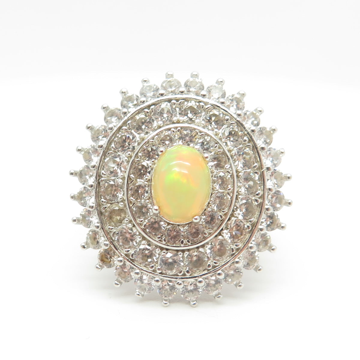 925 Sterling Silver Real Opal & White Topaz Statement Cluster Ring Size 7