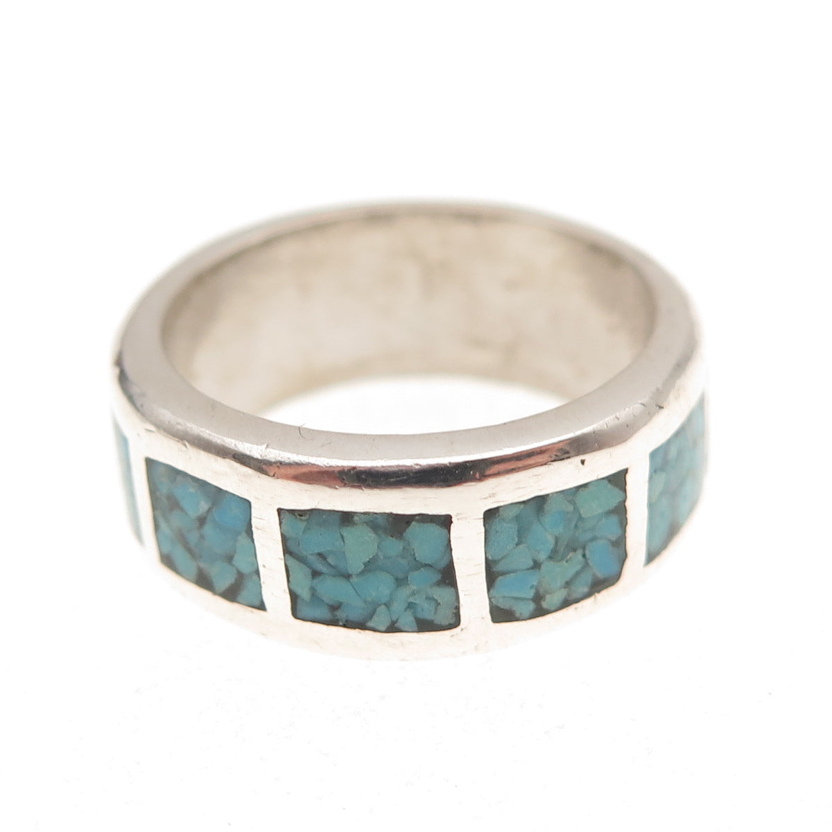 Old Pawn 925 Sterling Silver Vintage Turquoise Inlay Tribal Band Ring Size 7.75