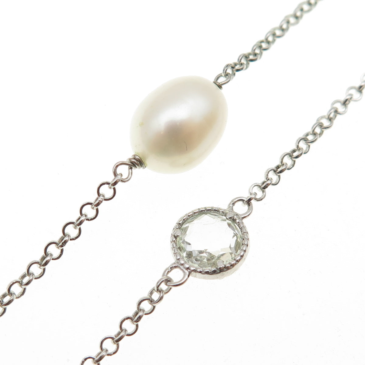 925 Sterling Silver Real Pearl & Green Amethyst By The Yard Chain Necklace 24"