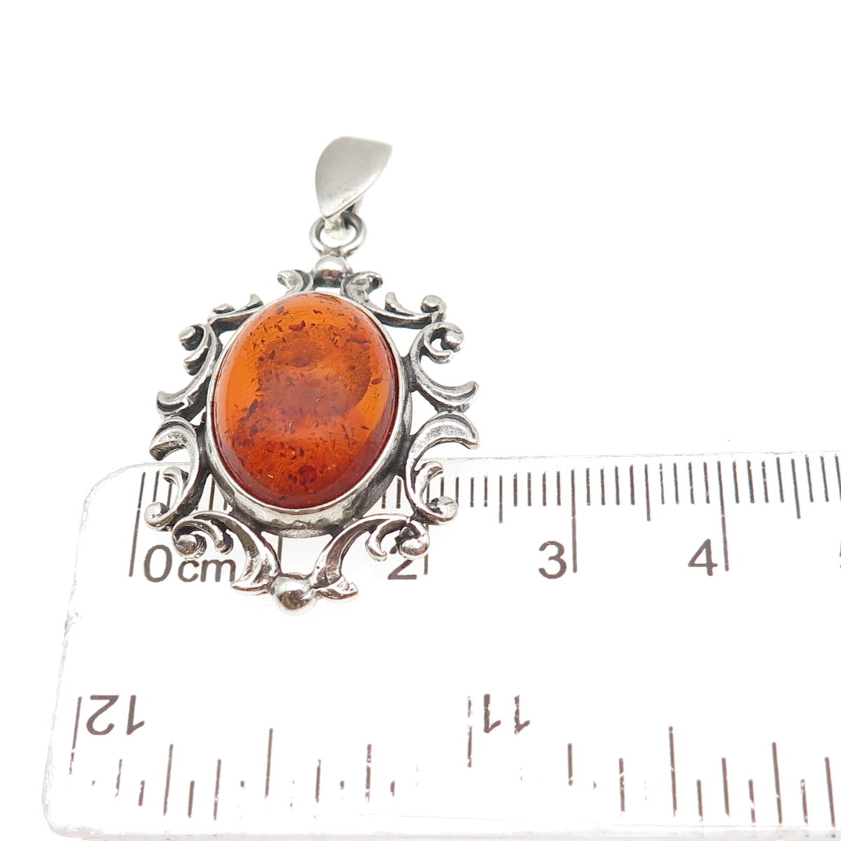 925 Sterling Silver Vintage Real Amber Modernist Floral Charm Pendant
