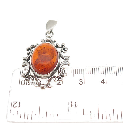 925 Sterling Silver Vintage Real Amber Modernist Floral Charm Pendant