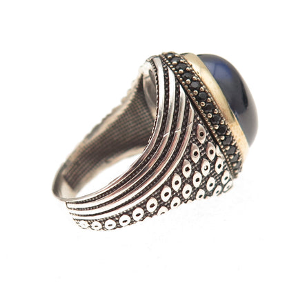 925 Sterling Silver 2-Tone Vintage Real Black Spinel & Blue Glass Ring Size 10.5