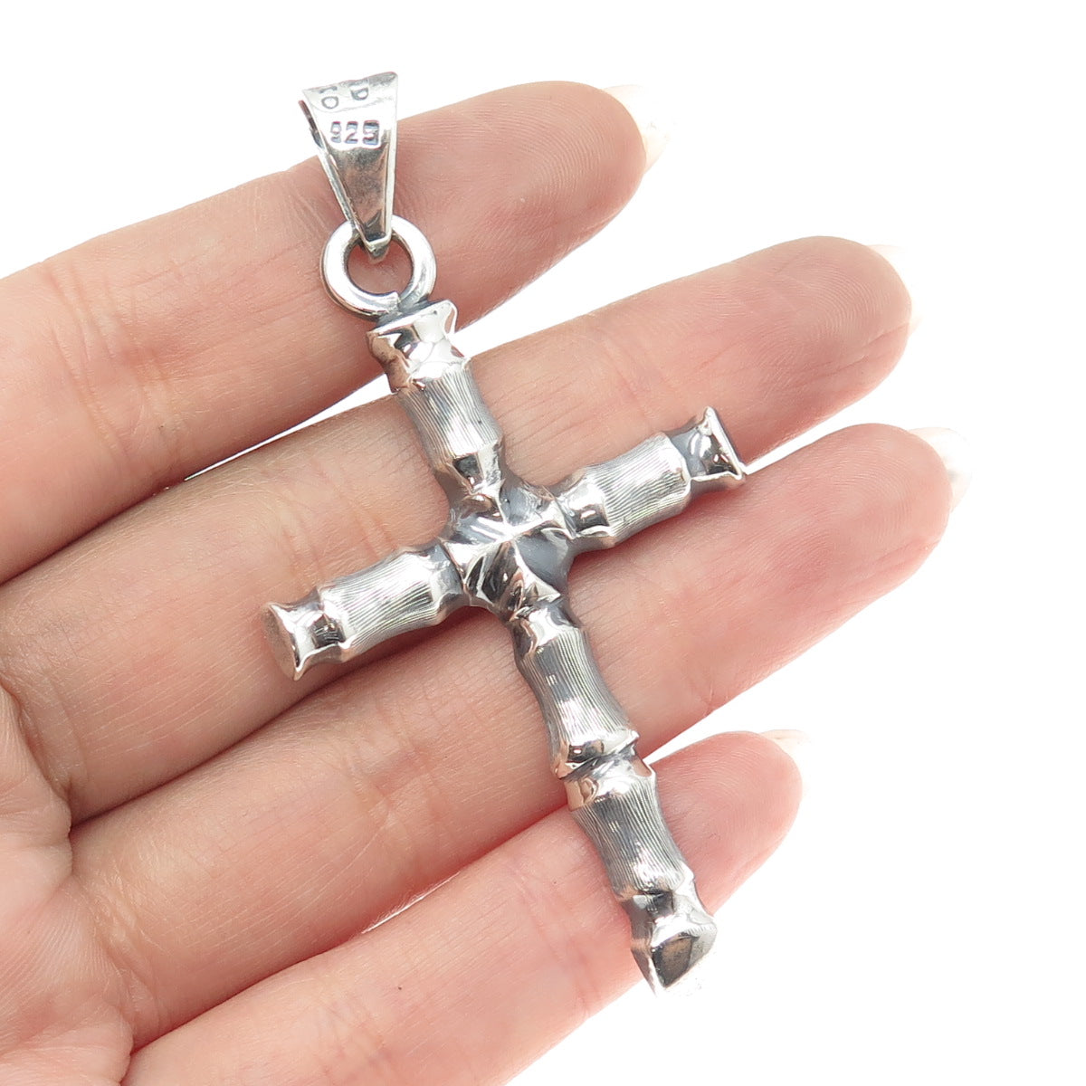 925 Sterling Silver Vintage Mexico Bamboo Cross Pendant