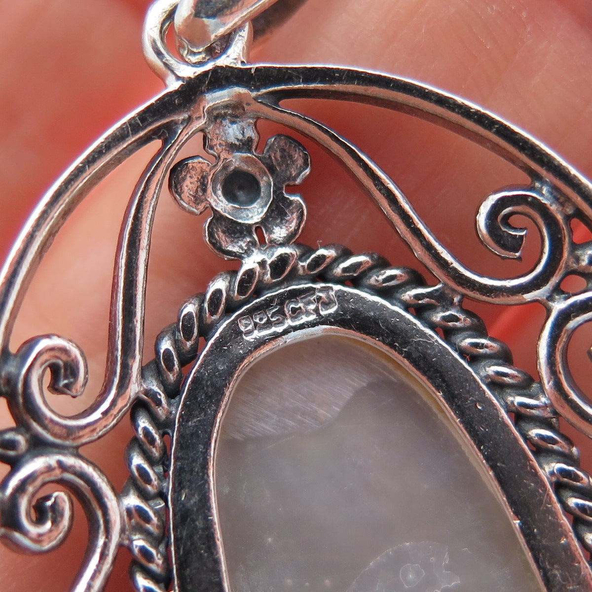 CFJ Collins Fine 925 Sterling Silver Vintage Real MOP Flower Oxidized Pendant
