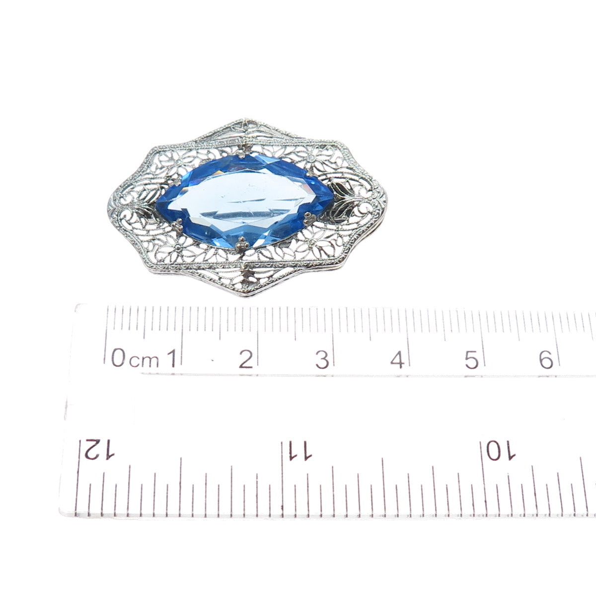 Silver-Tone Antique Art Deco Blue Rhinestone Filigree Pin Brooch