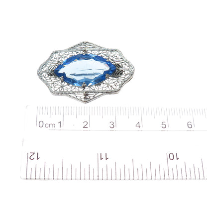 Silver-Tone Antique Art Deco Blue Rhinestone Filigree Pin Brooch