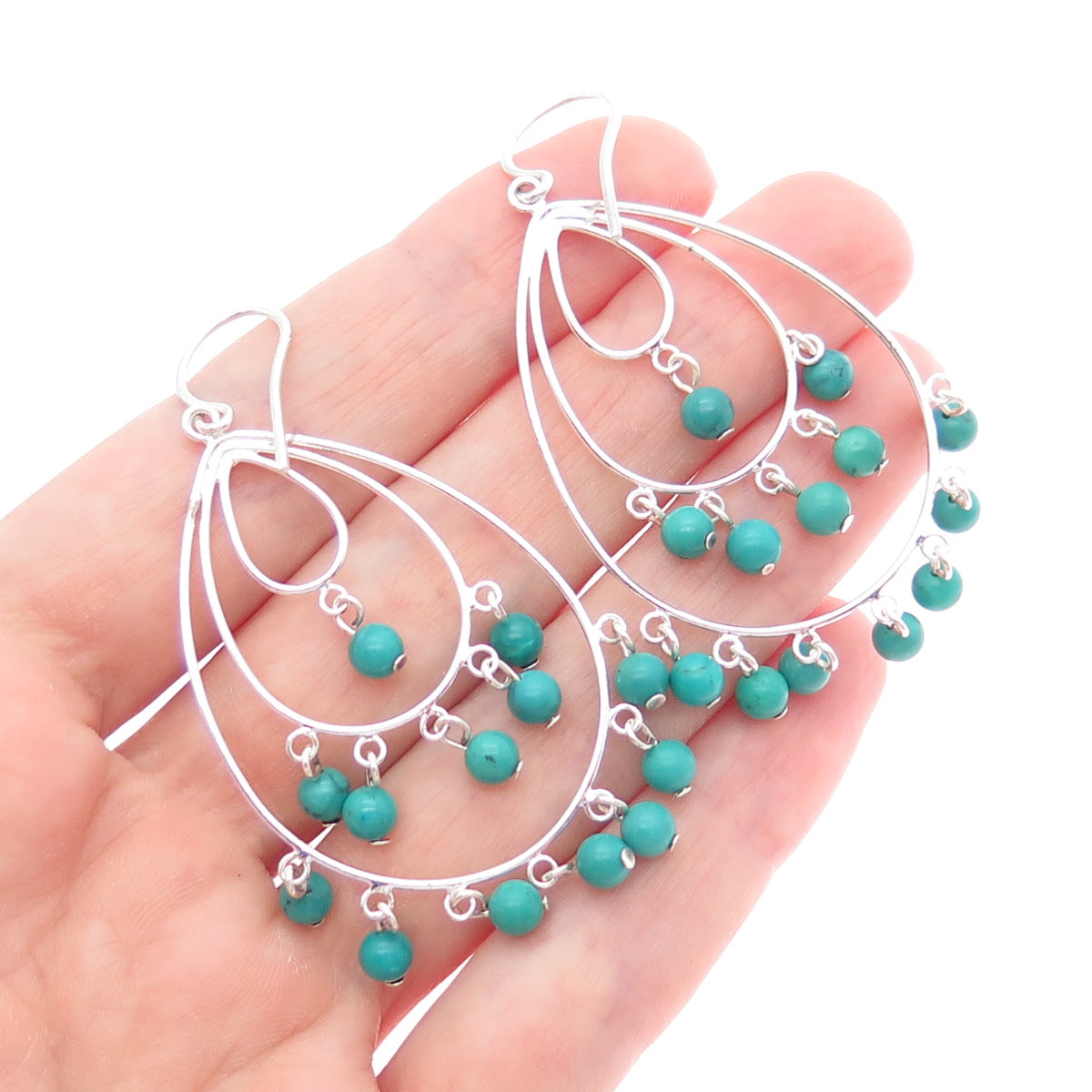 SX SALLY C 925 Sterling Silver Vintage Real Turquoise Teardrop Dangle Earrings