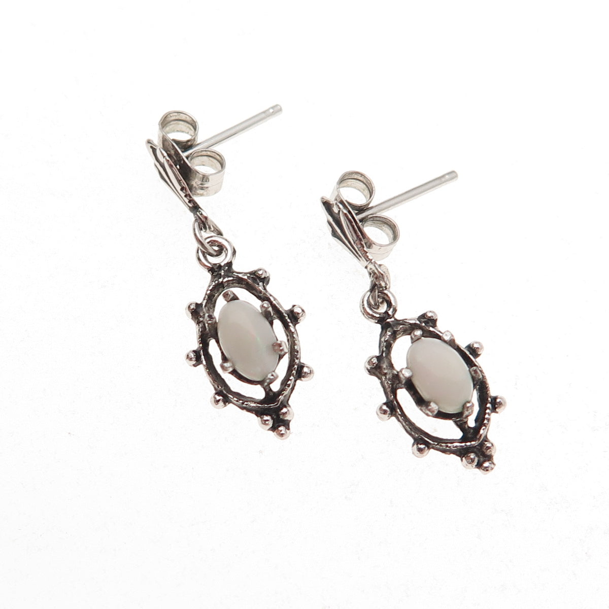 925 Sterling Silver Vintage Real Opal Oxidized Dangle Earrings