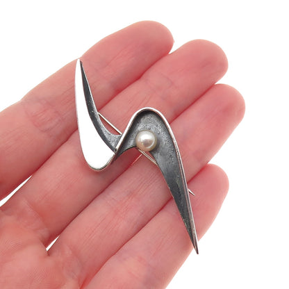 Phyllis Sklar Sterling Silver Vintage Real Pearl Modernist Oxidized Pin Brooch