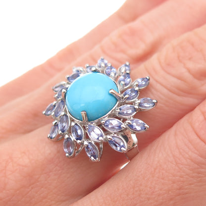 D'Joy 925 Sterling Silver Real Sleeping Beauty Turquoise & Tanzanite Ring Size 8