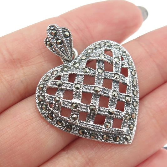 925 Sterling Silver Vintage Real Marcasite Mesh Heart Pendant