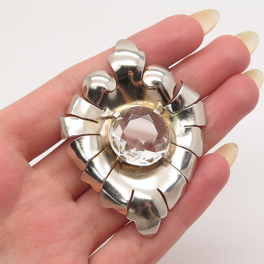 925 Sterling Silver Antique E. Waller Crystal Modernist Pin Brooch