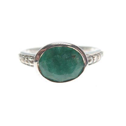 925 Sterling Silver Real Round-Cut Diamond & Oval-Cut Emerald Ring Size 7.75