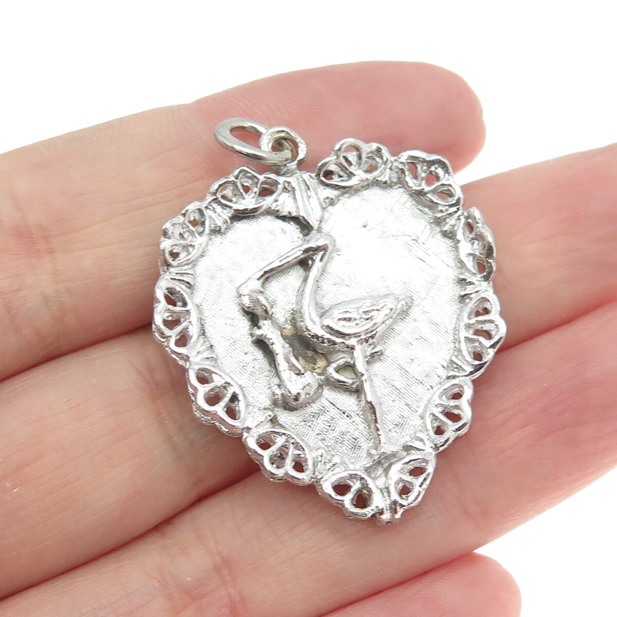 ARTS ELEGANCE 925 Sterling Silver Antique Art Deco Stork Bird Baby Heart Pendant