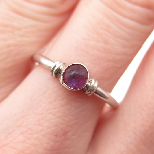 925 Sterling Silver Vintage Real Round-Cut Amethyst Oxidized Ring Size 7