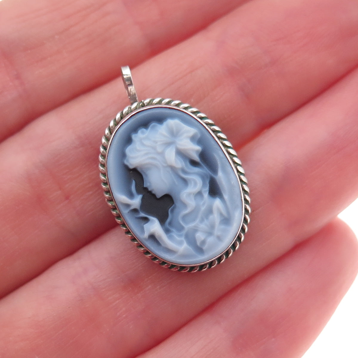 925 Sterling Silver Vintage Italy Ceramic Lady Cameo Pin Brooch / Pendant
