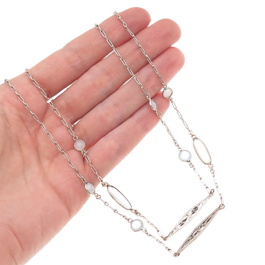 Silver-Tone Antique Art Deco Opalite Long Chain Necklace 56"