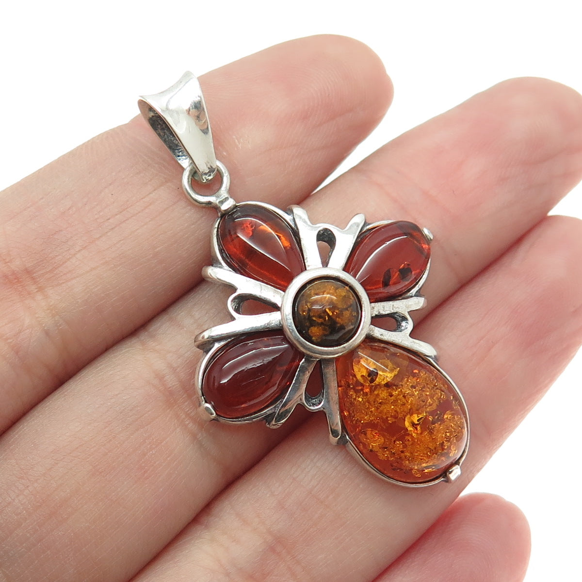 VALERIO V8 925 Sterling Silver Vintage Poland Real Amber Cross Pendant